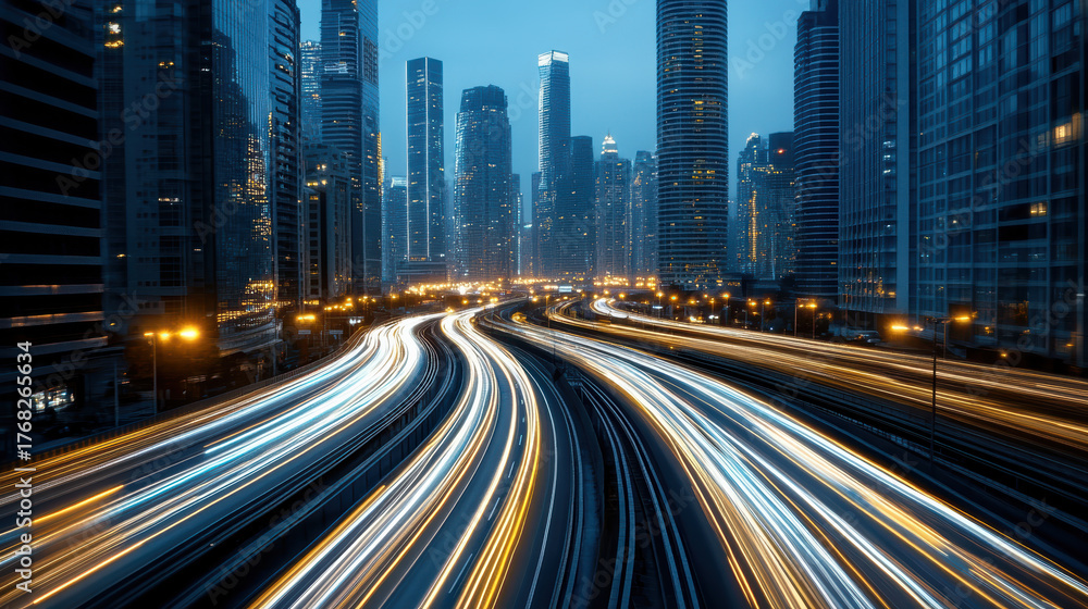Fototapeta premium Futuristic cityscape with glowing skyscrapers and light trails from vehicles creates vibrant