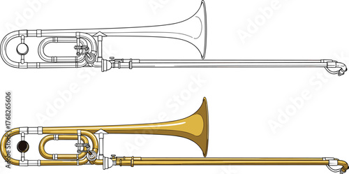 Trombone musical instrument vector illustration, detailed outline and colored versions side by side, ideal for music education, band posters, and instrument design projects.