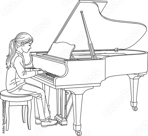 Young girl playing grand piano, minimalist line art vector illustration, music education concept, elegant outline design for school, recital, or artistic themes, clean and simple style