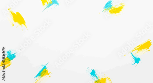 Abstract composition with teal and yellow brush strokes on white canvas conveying modern artistic