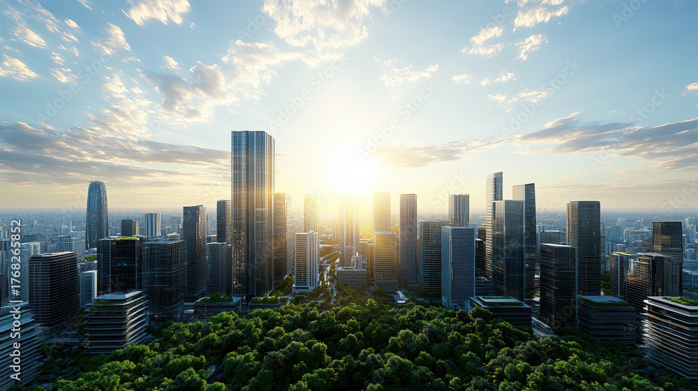 Fototapeta premium Futuristic city skyline with skyscrapers surrounded by greenery, glowing sunlight, evokes