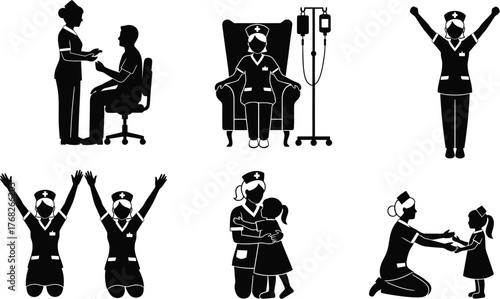 Nurse healthcare medical hospital clinic patient vector silhouette