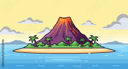 Cartoon volcano island tropical paradise travel destination view