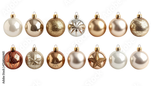 Christmas baubles row in silver and gold isolated on transparent background, elegant minimal holiday decoration. Graphic elements., collage, set, pack, bundle
