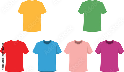 Colorful t shirt collection, plain clothing illustration, fashion apparel design, casual wear template, front view garments, vector drawing, clothing style concept