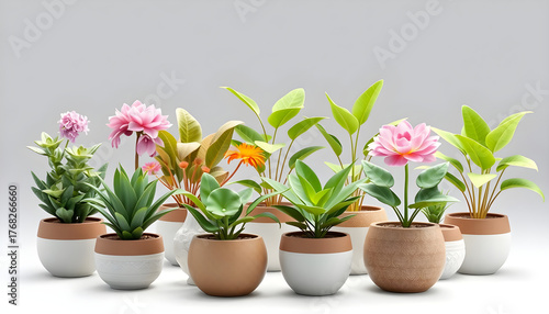 Wallpaper Mural Collection of beautiful plants in ceramic pots isolated on transparent background. 3D render Torontodigital.ca