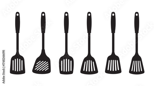 Six black kitchen spatulas in a row on transparent background silhouette