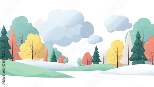 Snowy landscape with colorful trees and clouds