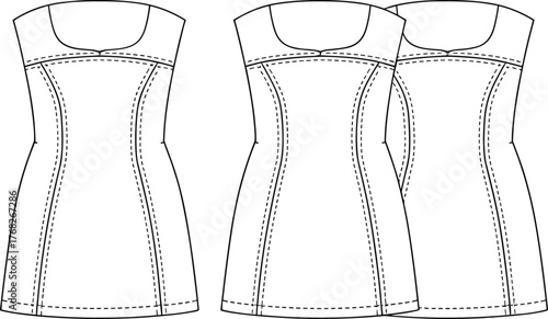 Fitted dress technical sketch, scoop neckline, princess seams, flared hem, fashion illustration, garment construction, apparel template, sewing design