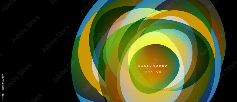 Fototapeta premium Abstract layered shapes create vibrant circular design. Colors blend, forming dynamic visual effect. Text reads background design.