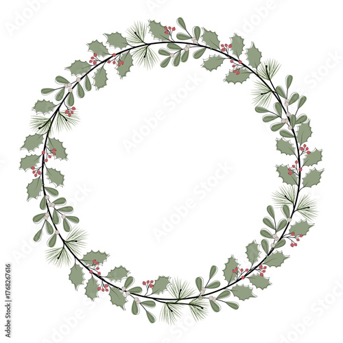 Vektorgrafik mit einem Kranz aus Zweigen und Beeren. Freier Platz für Text. Vorlage für Einladungen, Grußkarten, Social Media Posts und Werbung.