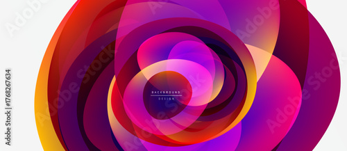 Abstract colorful layers create swirling dynamic composition. Vivid gradients blend, forming circular patterns, modern design element.