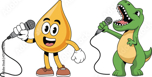 Cartoon dinosaur and golden droplet character singing with microphone, fun kids illustration for music, performance, and entertainment themes