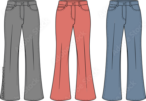 Flared pants illustration, front view, fashion sketch, gray, red, blue color, apparel template, vector mockup, clothing design, casual wear