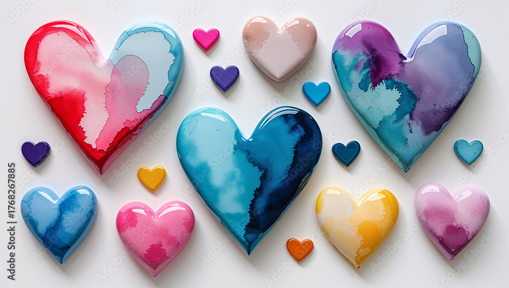 Fototapeta premium Colorful resin hearts creating a vibrant pattern on white background