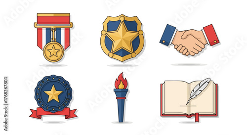 A collection of flat design icons representing concepts of government, law, justice, and patriotism, including a medal, badge, and torch