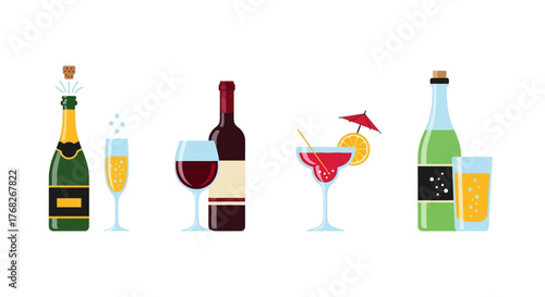 Assortment of Alcoholic Beverages Champagne, Wine, Cocktails, and Drinks for Celebrations and Socializing