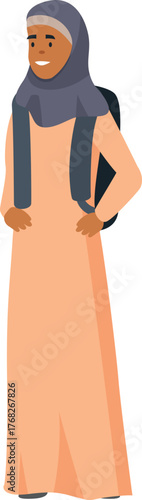 Portrait of happy islamic female student wearing hijab and carrying backpack, education and culture concept