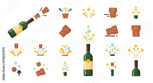 Champagne bottle cork popping celebration icons - sparkling bubbles, event, festive design elements