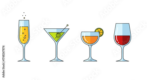 Collection of four assorted alcoholic beverages in elegant glassware, perfect for showcasing celebrations and sophisticated gatherings