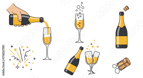 Champagne Celebration Icon Set Festive Drinks, Sparkles, and Party Icons for Design Projects