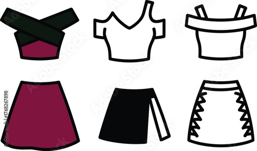 Fashion clothing flat sketch, tops and skirts illustration, apparel design template, trendy outfit collection, garment drawing, stylish fashion vector, clothing style concept