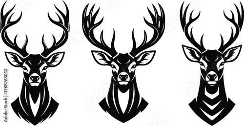 Three deer heads vector illustration black and white design