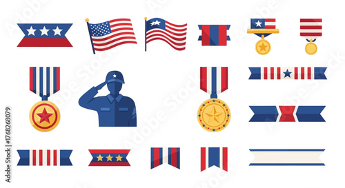A collection of United States patriotic icons, including military award medals, American flags, and a saluting soldier silhouette