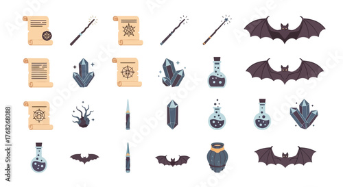 Mystical objects and creatures for fantasy, Halloween, and magic themes