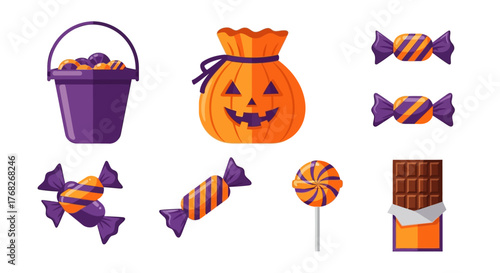 Bright and colorful Halloween candy collection, including wrapped sweets, a lollipop, chocolate bar, and festive treat containers for seasonal designs