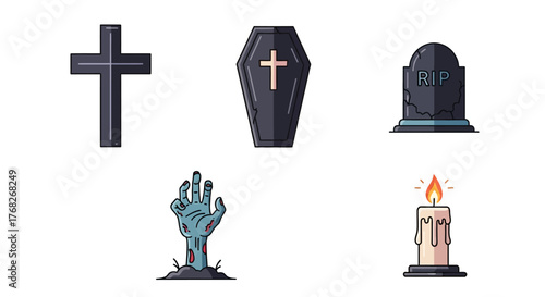 Pixel art collection of spooky Halloween icons featuring a cross, coffin, tombstone, zombie hand, and candle for a retro game design