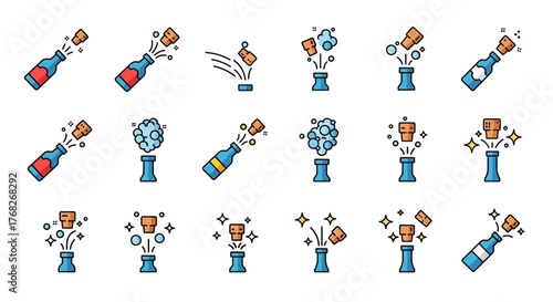 Champagne Bottle Opening Icon Set Celebration, Festivity, and Special Occasions