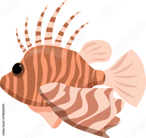Cartoon illustration of a red lionfish swimming underwater, showcasing its distinctive striped fins and venomous spiky dorsal fin