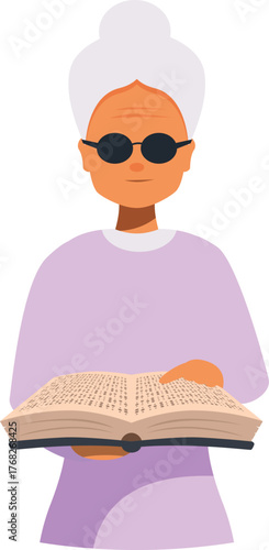 Senior woman using braille book and tactile glasses, promoting accessibility and education for visually impaired elderly