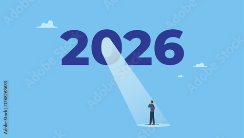 Year 2026 with bright spotlight from number zero light up on hopeful businessman. Year 2026 business opportunity, bright future on economic recovery, hope or motivation to overcome difficulty.