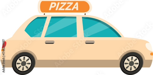 Side view of pizza delivery car delivering hot pizza to customers