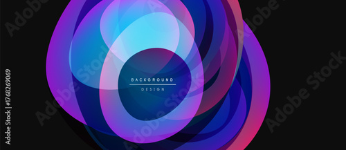 Abstract colorful layers create dynamic visual effect. Gradient shades blend, forming circular design with text overlay. Modern, vibrant composition.