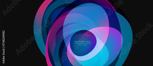 Abstract colorful layers create dynamic circular design. Vibrant hues blend, forming modern background. Text reads background design.