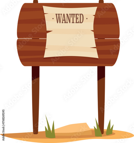 Blank old paper on wooden sign with the word wanted, standing in desert sand