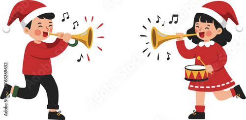Cartoon kids in Santa hats playing trumpet and drum, festive Christmas vector illustration with music notes, joyful holiday celebration scene