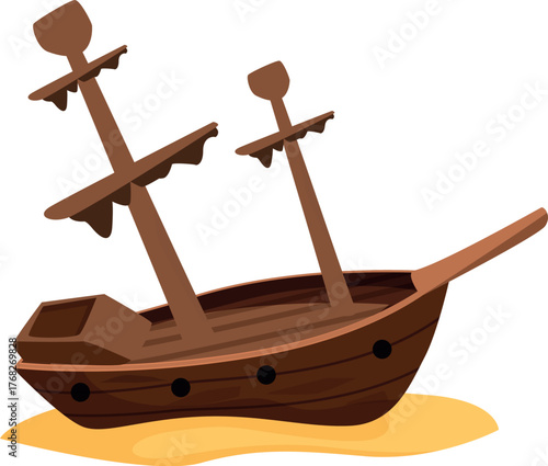 Cartoon illustration of an old shipwreck resting on a sandy beach, symbolizing maritime disaster and adventure