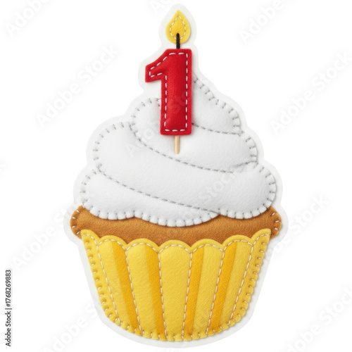 Handmade felt cupcake with a red number one candle, celebrating a first birthday