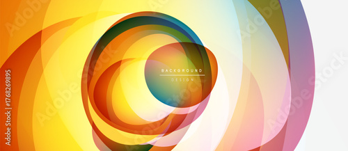 Abstract colorful layers create dynamic circular design. Bright hues blend, forming modern background element. Smooth gradients suggest movement, energy.