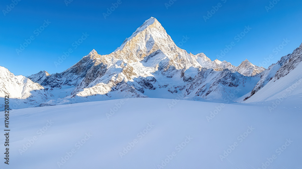Fototapeta premium Majestic snow capped mountain peak under clear blue sky, showcasing serene beauty and grandeur