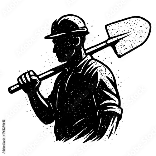 Iconic distressed black and white vector silhouette of a hardworking construction worker wearing a safety hard hat, proudly carrying a shovel. This powerful image embodies manual labor, strength