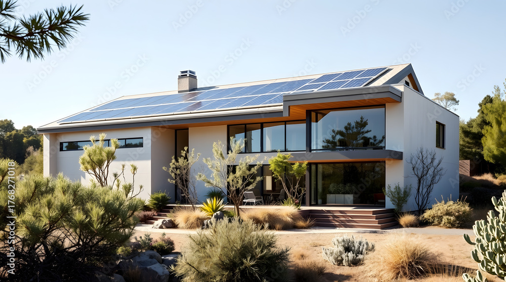Fototapeta premium solar home, sustainable house, courtyard design, eco architecture, daylight living, renewable energy, minimalist home, modern sustainability, green roof, natural light