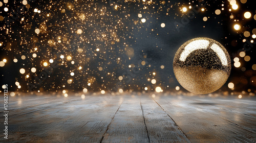 Golden particles shimmer in cosmic scene with glowing sphere above wooden surface