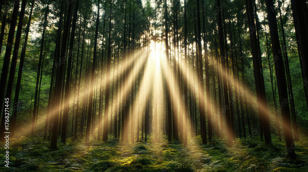 Fototapeta premium Golden rays glowing above calm forest create serene atmosphere filled with tranquility