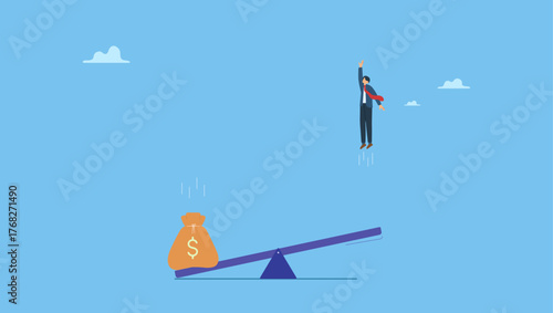 Big money dollar bag fall on seesaw to help business owner jump flying high. Business loan or venture capital funding to start new company or money help to survive crisis, stimulus budget.