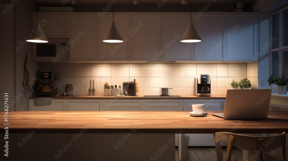 Fototapeta premium Modern kitchen at night with laptop and warm pendant lights